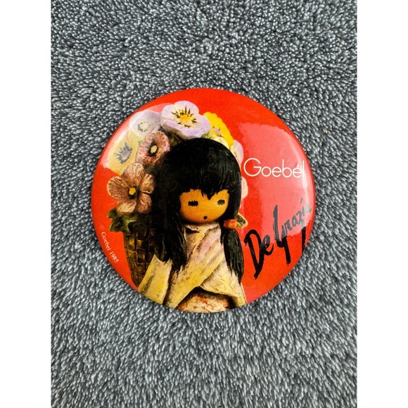 Goebel Accessories - Vintage 1985 Goebel De Grazia Pin Back Button Girl with Flowers Red 3 Inch